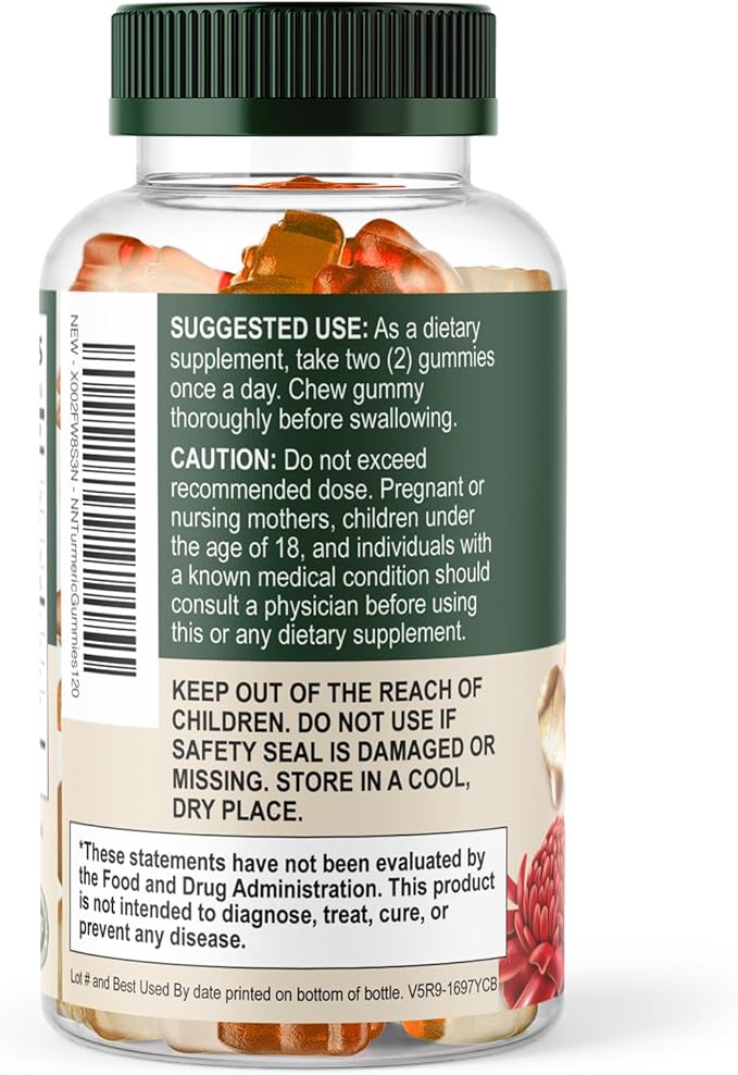 Turmeric Curcumin Supplement Gummies - 95% Curcuminoids with Turmeric & Ginger, Black Pepper for Best Absorption, Nature's Vegan Joint Support, Non-GMO, Gluten Free, Tasty Peach Flavor - 120 Gummies