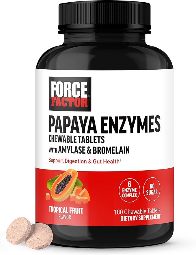Force Factor Papaya Enzymes Complex, Digestion Supplement and Bloating Relief with Amylase and Bromelain, Support Healthy Digestion, Sugar Free, Non-GMO, Tropical Fruit Flavor, 180 Chewable Tablets