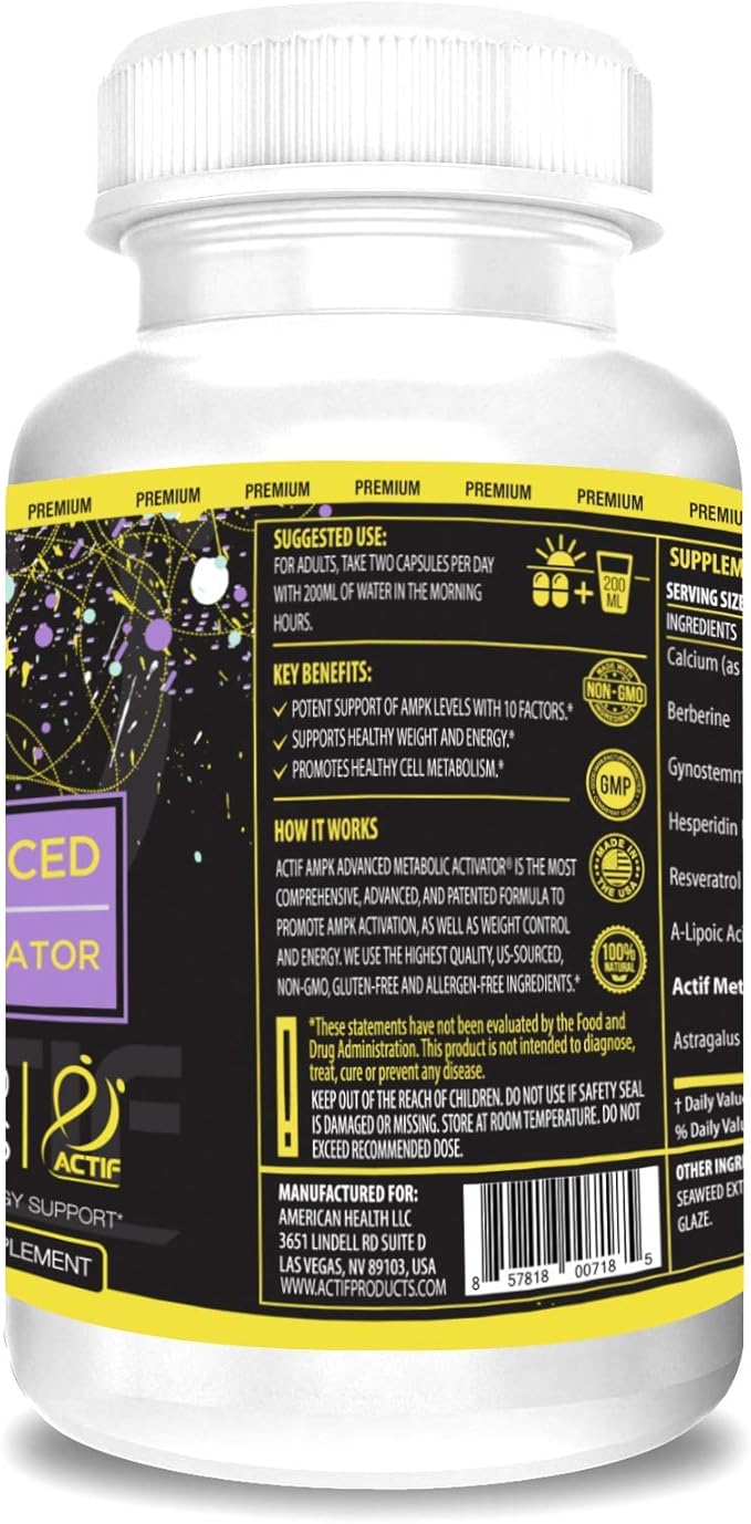 Actif AMPK Advanced Metabolic Activator with 10 Factors, Non-GMO, With Energy Support, 60 Capsules, Made in USA