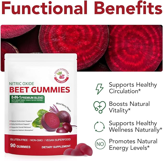 Beet Root Gummies | with CoQ10 + Grape Seed Extract | High-Potency Beet Root Concentrate | Supports Heart Health & Nitric Oxide Production | Sugar-Free | 90 Count