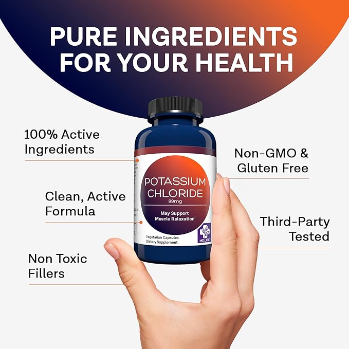 MD Life Potassium Chloride Supplement - Third Party Lab Tested - Potassium Chloride Capsules May Help Support Muscle Function & Healthy Blood Pressure Vegetarian Potassium Supplement (60 Capsules)