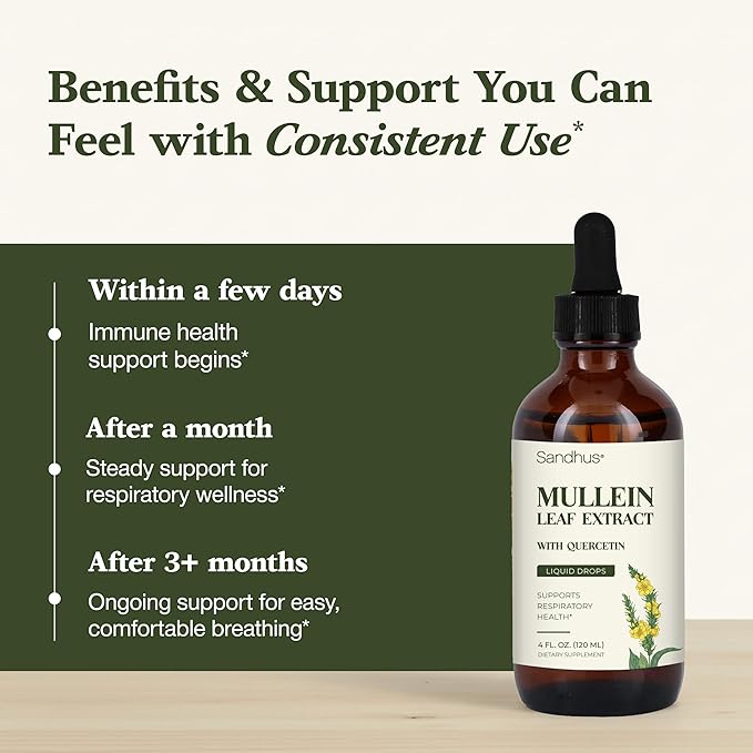 Sandhu's Mullein Drops for Lungs | Mullein Leaf Extract Supplement for Immune, Lung & Respiratory Health Support | Alcohol Free, Natural Herbal Tincture | 4 fl oz, 2 Months Supply