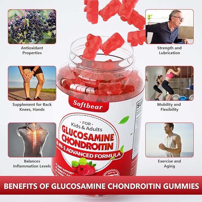 softbear Glucosamine Chondroitin Gummies, Sugar Free Glucosamine Chondroitin MSM Supplement with Elderberry Turmeric Supports Joint Health & Antioxidant, Raspberry Flavored 60 Count