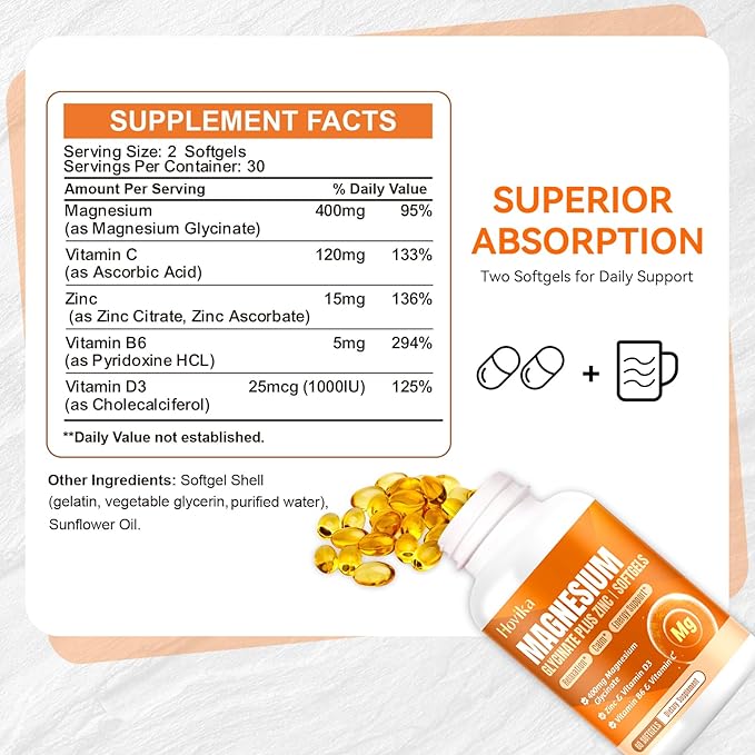 Magnesium Glycinate Supplement Softgels, Magnesium Glycinate 400mg with Zinc, Vitamin B6, C, D3, Pure Magnesium for Sleep, Calm, Muscle, Energy, Heart Support - 60 Vegan Capsules for Women & Men