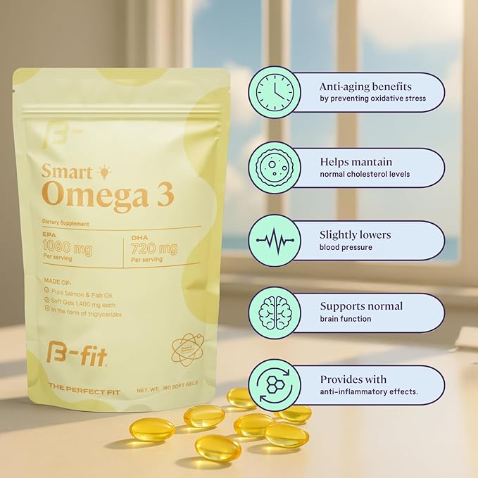 B-FIT Omega 3 Fish Oil - 180 Odorless Softgels from Norwegian Salmon - Heart, Brain & Joint Support- 1800 mg with 1080 mg EPA & 720 mg DHA - 60-Day Supply