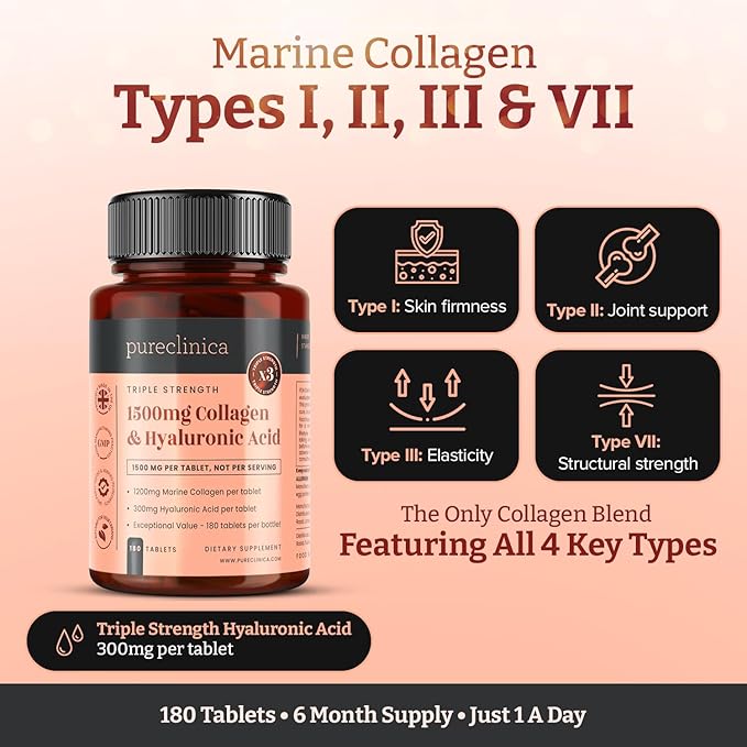 pureclinica 1500mg UltraColl Collagen (1200mg) and Hyaluronic Acid (300mg) x 180 Tablets - 6 Months Supply