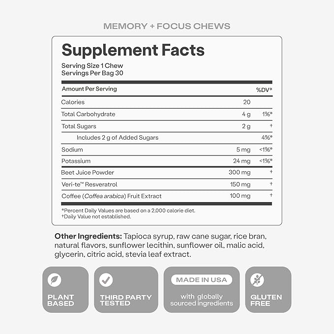 Humann Memory and Focus Chews, Brain Supplement for Mental Alertness with Beet Root Powder, Clinically Studied Nootropics, Resveratrol Plus Beet Root Powder, Blueberry Pomegranate Flavor, 30 Count