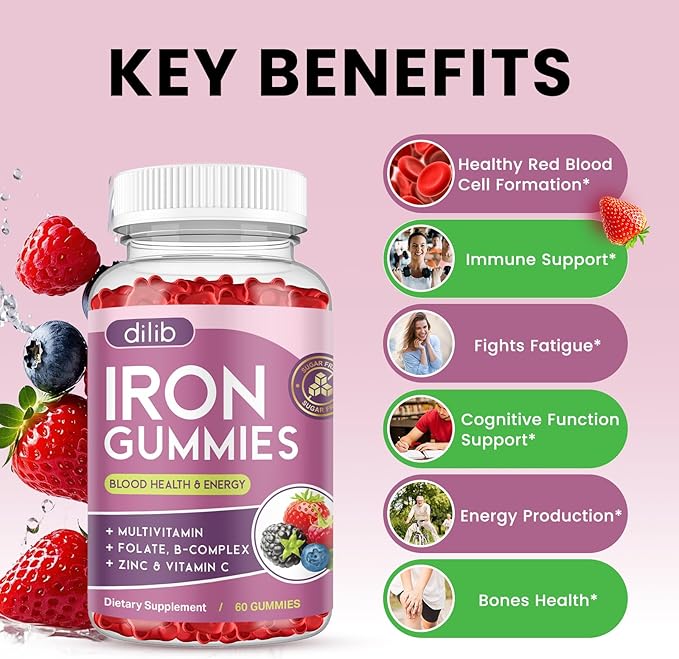 Iron Gummies with Multivitamin, Iron Supplement for Women & Men, Kids Multivitamin with Iron, Zinc, Vitamin B Complex & C, B12, Folate - Blood Builder, Energy Support, Peach Flavor, Vegan 120 Gummies