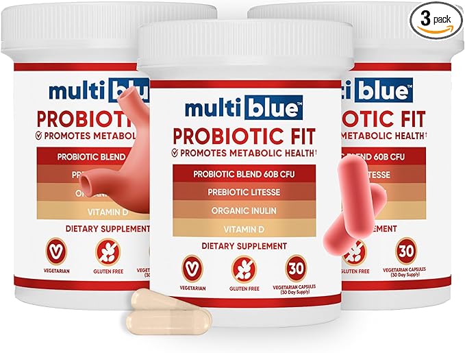 MultiBlue Probiotic Fit – Supports Natural GLP-1 & Appetite Control for Women & Men, Bifidobacterium B-420, Digestive & Gut Health, 10 Probiotic Strains, 60 Billion CFU, Prebiotic + Vitamin D3, 90ct
