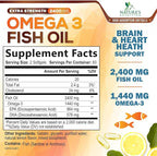 Omega 3 Fish Oil Supplements - 2400mg Fish Oil Per Serving - Triple Strength Omega-3 with EPA & DHA Fatty Acids - Natural Heart, Brain & Immune Support - Wild Caught, Bottled in USA - 120 Softgels