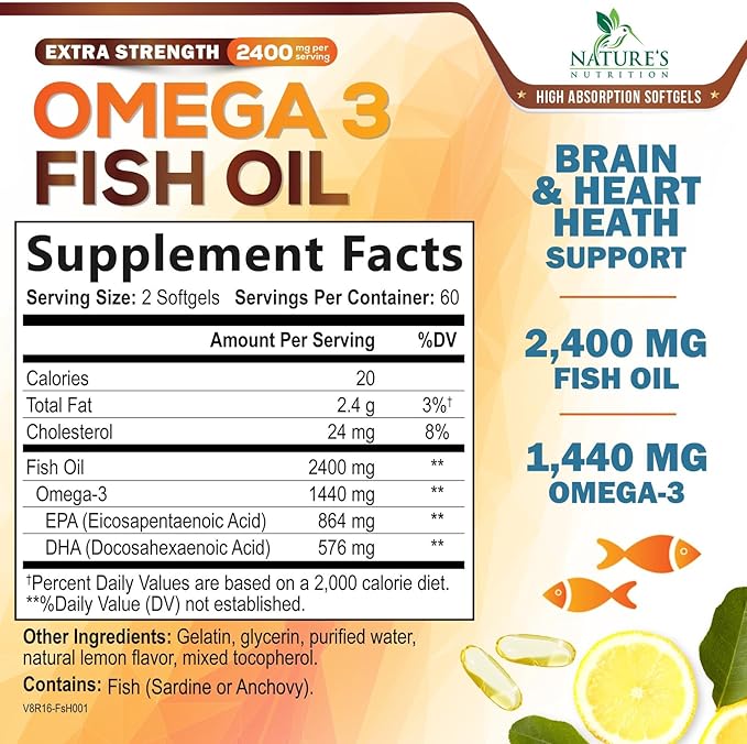 Omega 3 Fish Oil Supplements - 2400mg Fish Oil Per Serving - Triple Strength Omega-3 with EPA & DHA Fatty Acids - Natural Heart, Brain & Immune Support - Wild Caught, Bottled in USA - 120 Softgels