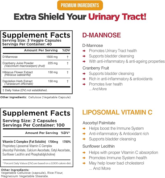 Ultimate Urinary Tract Health Bundle – D Mannose and Liposomal Vitamin C, with Cranberry, Ascorbyl Palmitate, Enhanced Absorption Formula, Detox, Dietary Supplement, Bladder Support