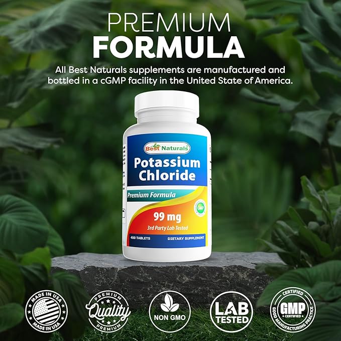 Best Naturals Potassium Chloride Supplement 99mg 400 Tablets - 3rd Party Lab Tested