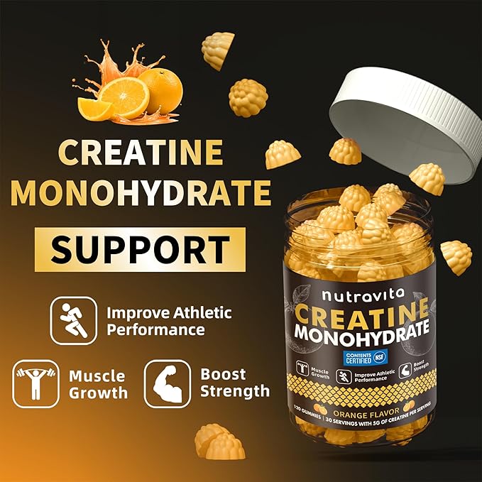 Nutravita Creatine Monohydrate Gummies for Men & Women-5g of Creatine Monohydrate per Serving - Sugar Free,Vegan, Orange Flavor, 120 Count