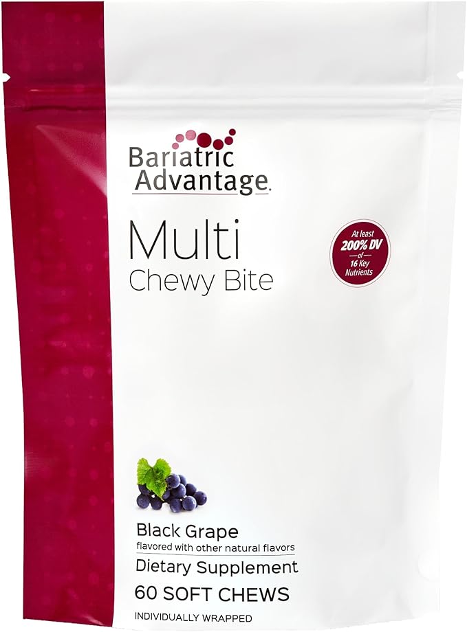 Bariatric Advantage Multi Chewy Bite - Soft Chew Multivitamin for Bariatric Surgery Patients - Chewable Multivitamin with Folic Acid, Vitamin D3 & More - Black Grape Flavor - 60 Count