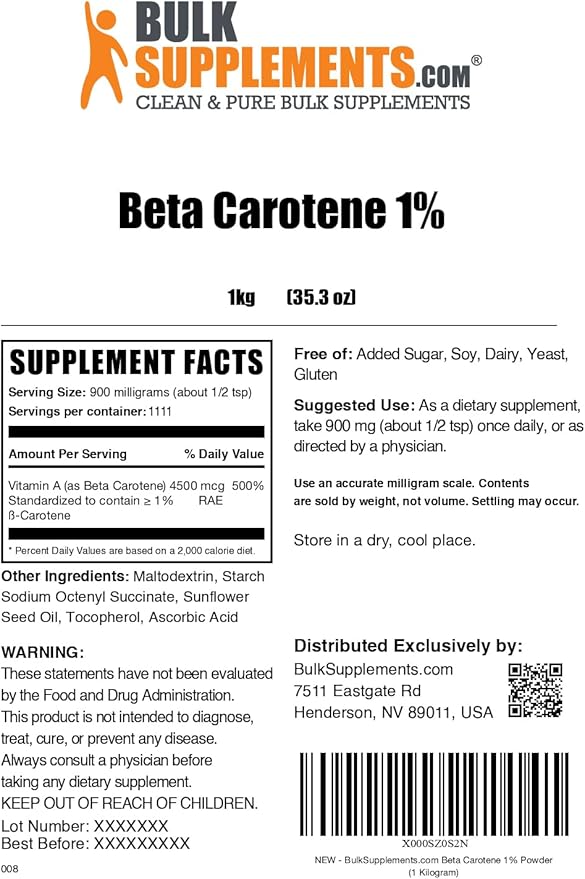 BulkSupplements.com Beta Carotene Powder - Beta Carotene Supplement, Vitamin A Supplement for Immune and Vision Support - Gluten Free, 900mg per Serving, 1kg (2.2 lbs) (Pack of 1)