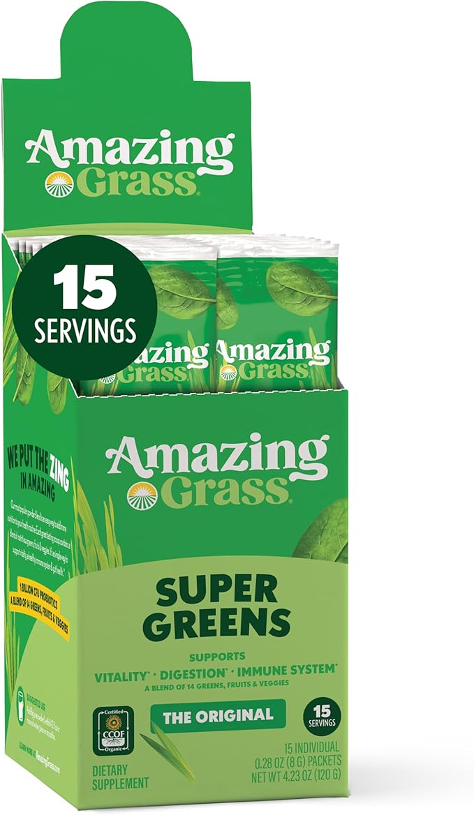 Amazing Grass Greens Blend Superfood: Super Greens Powder Smoothie Mix with Spirulina, Chlorella, Beet Root Powder, Digestive Enzymes, Prebiotics & Probiotics, Original, 15 Servings (Packaging May Vary)