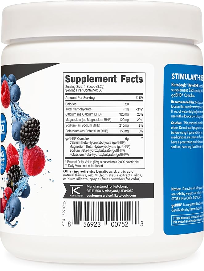 Ketologic Keto BHB (Mixed Berry Flavor) 30 Servings - Exogenous Ketone Supplement with goBHB, Beta-Hydroxybutyrate Salts