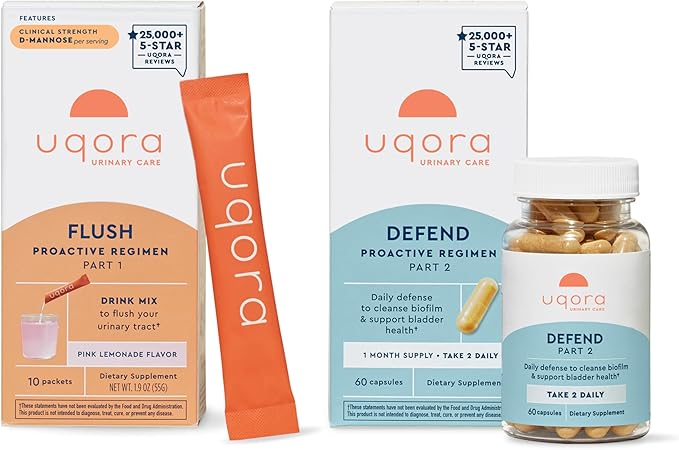 Uqora Flush (Pink Lemonade, 10 Packets) & Defend (60 Capsules) Bundle - Support Urinary Tract* with D-Mannose, Vitamin C & More - Support Bladder Health & Cleanse Biofilm* with D-Mannose & More