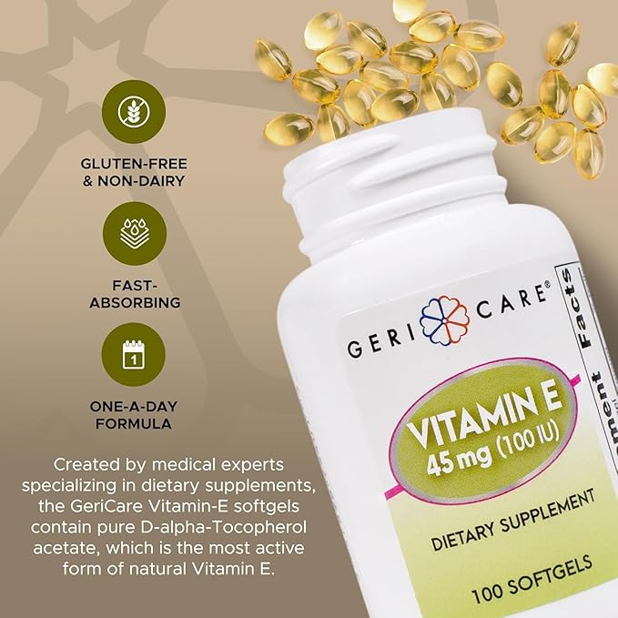GeriCare High-Potency Vitamin E Softgels – 100 IU for Skin & Immune Support, 45mg | 100 Count | Organic Vitamin E for Women and Men, VitaminE Capsules (Pack of 2)