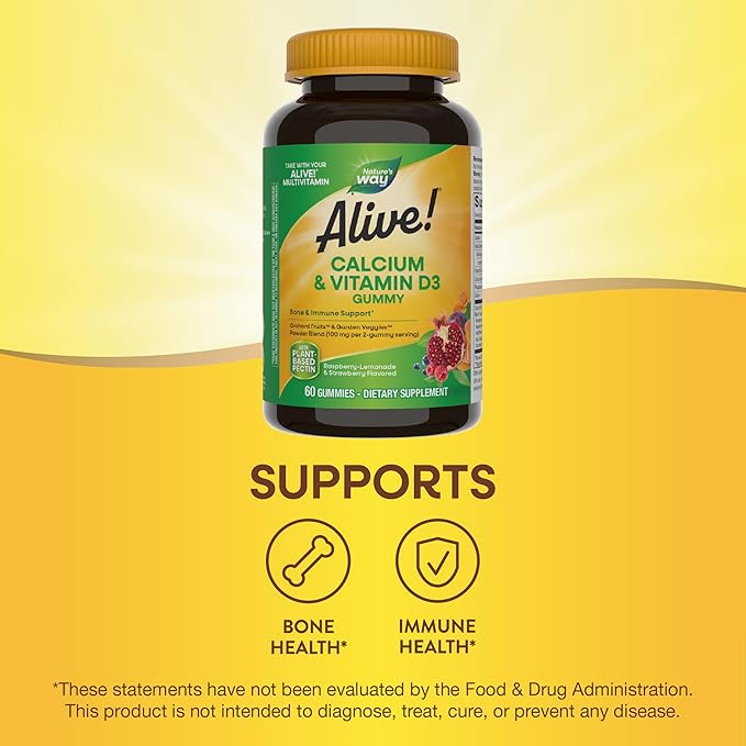 Nature’s Way Alive! Chewable Calcium Gummies with Vitamin D3, Daily Supplement Supports Healthy Bones and Teeth, and Muscle Function*, Strawberry and Raspberry-Lemonade Flavored, 60 Gummies