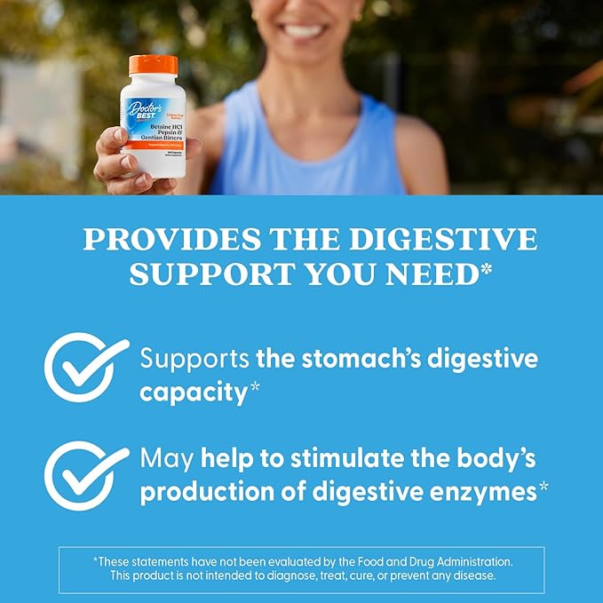 Doctor's BEST Betaine HCI Pepsin & Gentian Bitters,Digestive Enzymes for Protein Breakdown & Absorption,Non-GMO,Gluten Free,360 Count (Pack of 2)