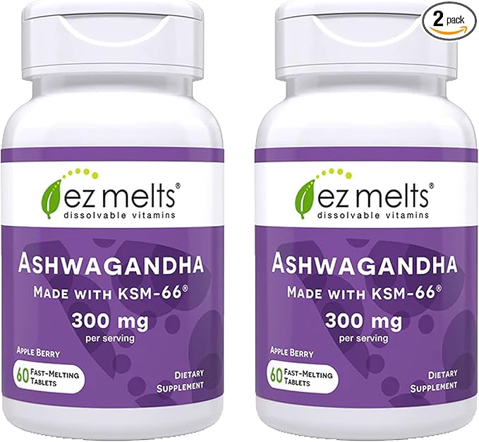 EZ Melts Dissolvable KSM-66 Ashwagandha, 300 mg, Sugar-Free, Stress, Sleep and Mood Support Supplement, 30-Day Supply, Apple Berry-Flavor - 2 Pack