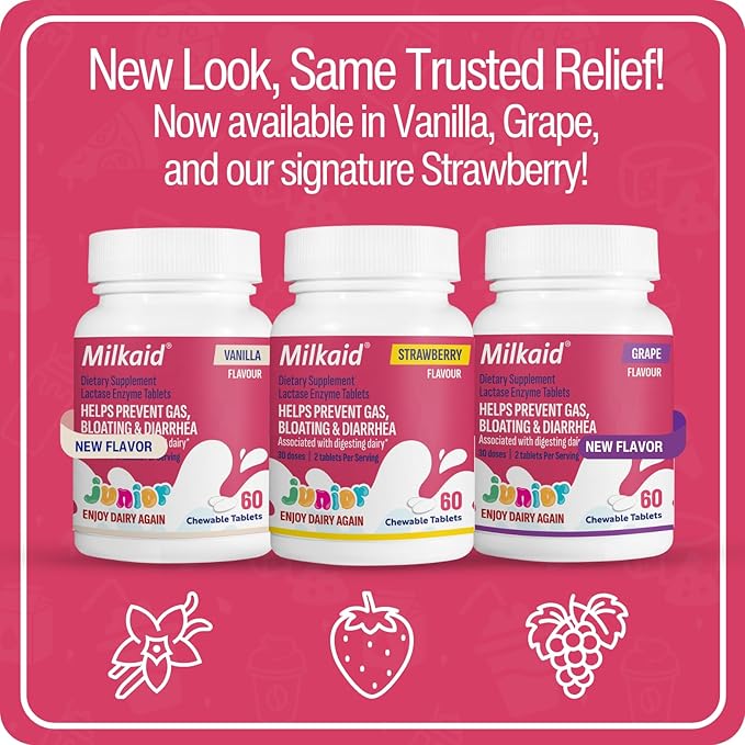 Milkaid Junior Lactase Enzyme Chewable Tablets for Lactose Intolerance | Prevents Gas, Bloating, Diarrhea in Children| Fast Acting Dairy Digestive Supplement for Kids| Strawberry Flavor | 60 ct (3)