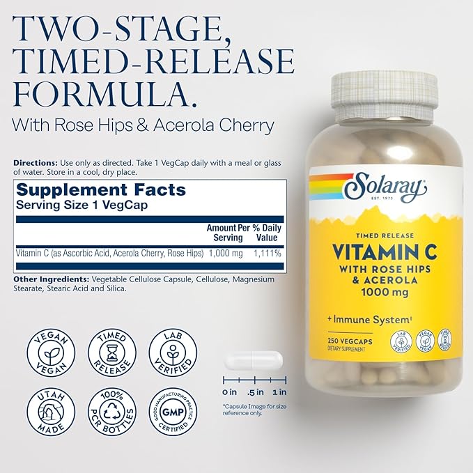 SOLARAY Vitamin C 1000mg - Time Release Vitamin C Capsules w/Rose HIPS and Acerola for Bioflavonoid Support - Two-Stage, All-Day Immune Support - Vegan, 60 Day Guarantee, 250 Servings, 250 VegCaps