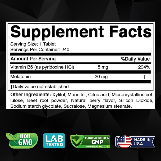 Vitabod Melatonin 20 mg - 240 Fast Dissolve Tablets - Drug Free - Natural Berry Flavor - Vegetarian, Non-GMO, Gluten Free 240 Count (Pack of 2)