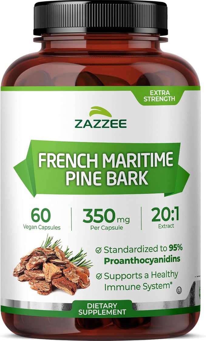 Zazzee Extra Strength French Maritime Pine Bark Extract 20:1, 350 mg Per Capsule, 95% Proanthocyanidins, 60 Vegan Capsules, 2 Month Supply, Certified Kosher, Antioxidant Support, Non-GMO, Made in USA
