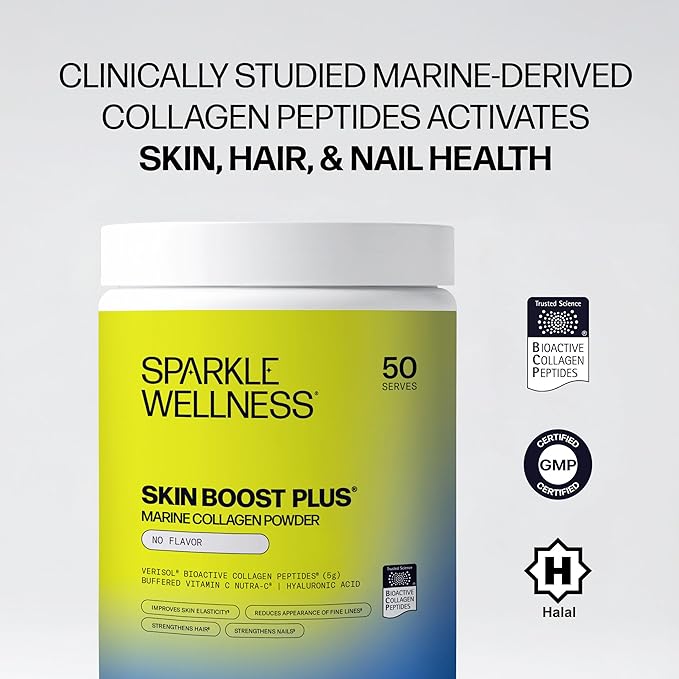 Sparkle Wellness Marine Skin Boost Plus (No Flavor) [50-Serves] | Collagen Powder Supplement with Marine-derived VERISOL Bioactive Hydrolyzed Collagen Peptides, Vitamin C & Hyaluronic Acid