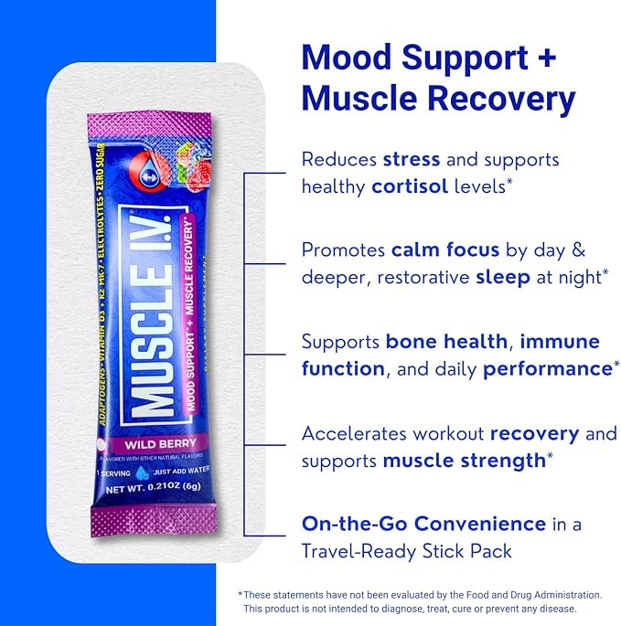Muscle I.V.® Mood Support, Recovery, Cortisol Reducer Supplement, Vitamin D3 K2, Magnesium Glycinate, L-Theanine, KSM-66® Ashwagandha, Electrolytes Powder Packets, Sugar Free. 15 Ct (Wild Berry)