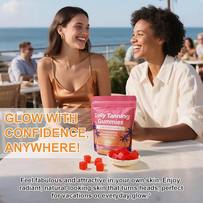 Daily Tanning Gummies - Enhance Natural Tan, Nourish & Protect Skin - with L-Tyrosine & Beta-Carotene - Sun-Free Glow - Watermelon Flavor, 60 Count