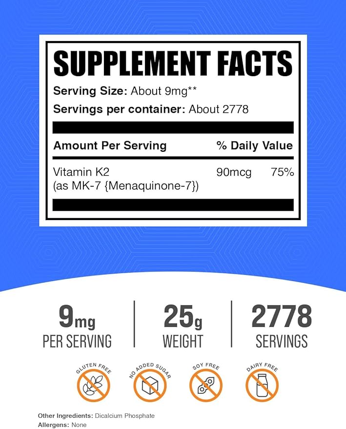 BulkSupplements.com Vitamin K2 Powder - Vitamin K2 MK-7, as Menaquinone Powder - K2 Vitamin Supplement for Wellness, Gluten Free, 9mg per Serving, 25g (0.88 oz) (Pack of 1)