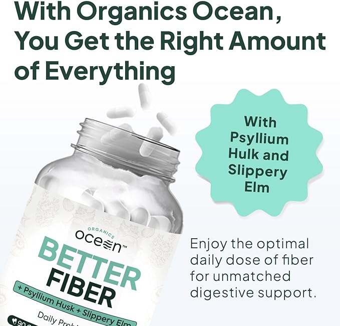 Organics Ocean Better Fiber - Daily Fiber Supplement - Soften Stool for Effortless Bowel Movements - with Psyllium Hulk and Slippery Elm - 90 Capsules