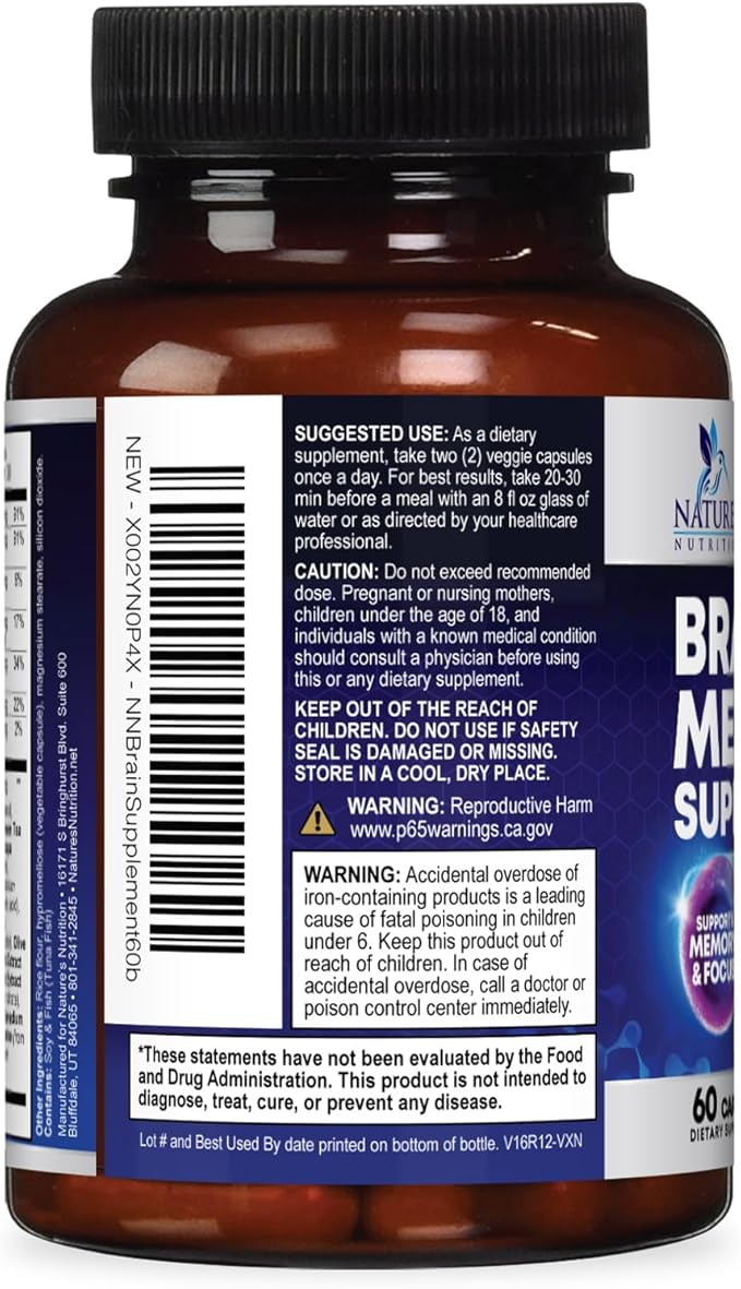 Brain Memory Supplement Pills - 3X Strength Nootropics for Concentration, Clarity & Focus Support - Brain Health Cognitive Vitamins with Bacopa, Phosphatidylserine & DMAE, Brain Booster - 60 Capsules