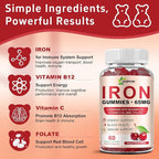Iron Gummies Supplement for Women, Men & Kids, Iron 65mg with 250mg Vitamin C B6 B12 Folate Healthy Blood, Energy & Immune Support Gentle on Stomach Ferrous Fumarate, 120 Count