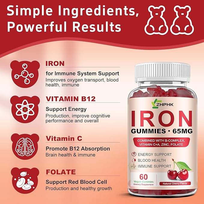 Iron Supplement for Women, Men & Kids, Iron 65mg & Vitamin C 250mg per Serving with B6 B12 Folate- Energy Support for Iron Deficiency, Anemia, Vegan Gummy Cherry Flavor, 60 Count
