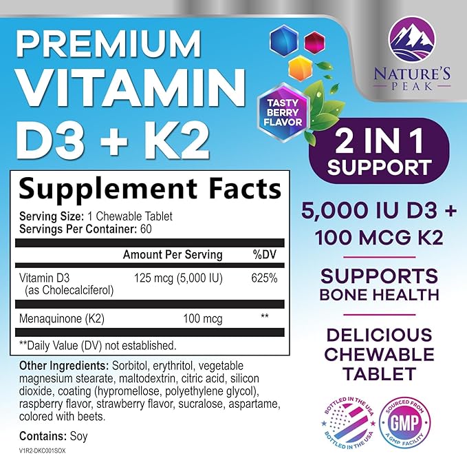 Vitamin D3 K2 - 5000 iu Vitamin D3 & 100 mcg Vitamin K2 (MK-7) per Serving - Calcium Absorption, Bone & Heart Health Support - Berry Chewable, Gluten Free, Non-GMO, Bottled in USA - 60 Tablets