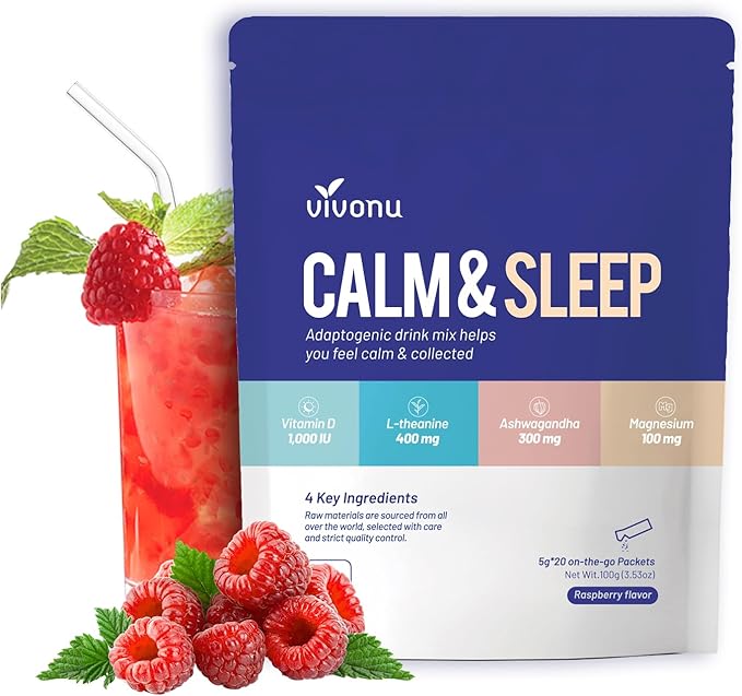 VivoNu Calm & Sleep Powdered Drink Mix Raspberry L Theanine Ksm-66 Ashwagandha Magnesium Glycinate Vitamin D 3 Supplements for Relaxation & Focus (VSC_M7)