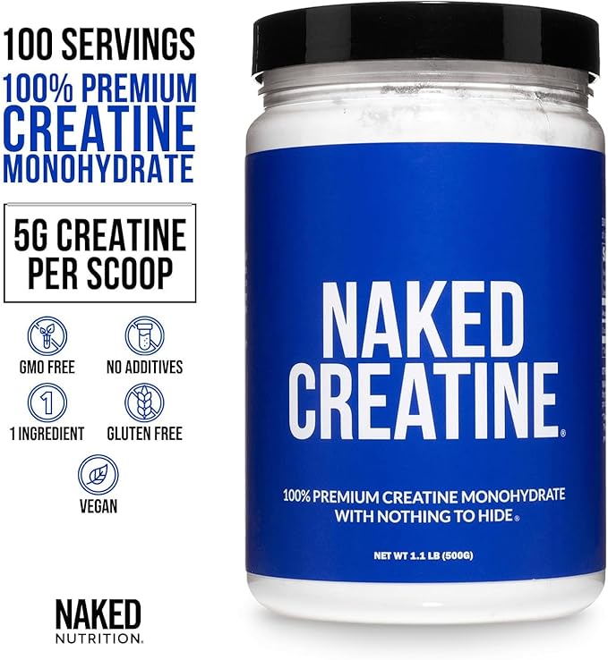 NAKED Pure Micronized Creatine Monohydrate Powder - NSF Certified, Unflavored, 500g, 1.1lb Bulk - Vegan, Non-GMO, Gluten-Free, Soy-Free, No Fillers, Supports Muscle Growth & Strength - 100 Servings