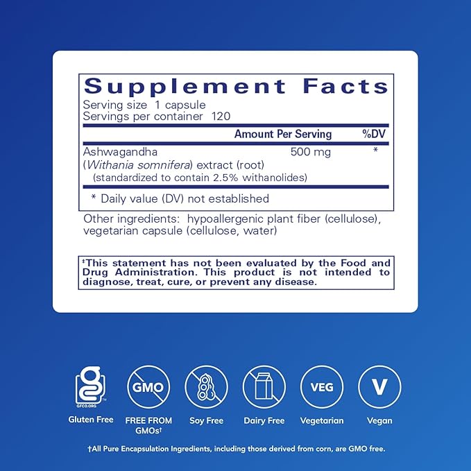 Pure Encapsulations Ashwagandha - 500 mg Ashwagandha Extract - Metabolism & Stress Support - Immune Support - GMO Free & Vegan - 120 Capsules