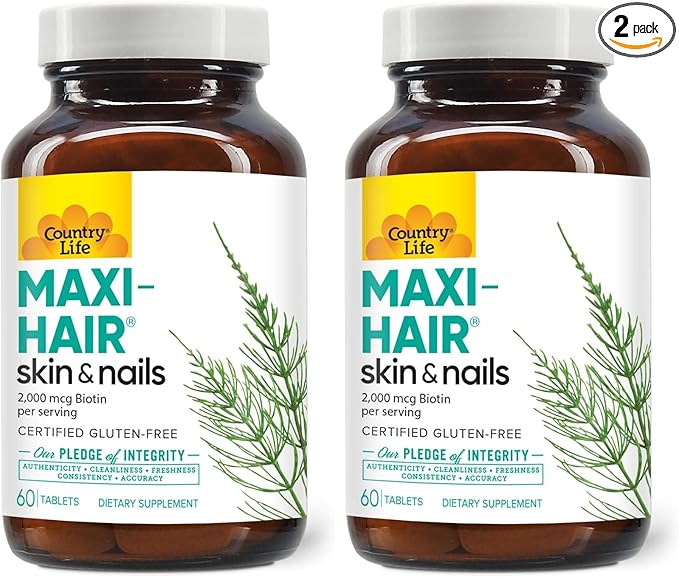 Country Life Maxi-Hair Supplement - 2000mcg Biotin & Vitamins for Hair, Skin & Nails - Certified Gluten-Free & Vegetarian - Supports Hair Growth, 60 Tablets (Pack of 2)