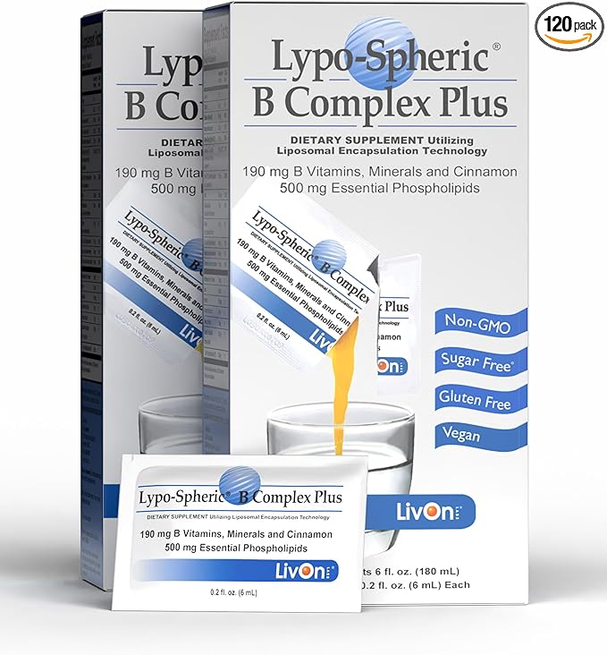 LivOn Laboratories Lypo-Spheric B Complex Plus – 30 Packets – 195 mg B Vitamins, Minerals & Cinnamon Per Packet – Liposome Encapsulated for Maximum Bioavailability – 2 Pack