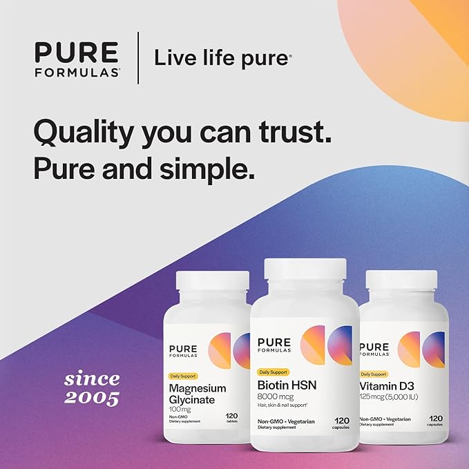 PureFormulas Biotin 8000 mcg Hair Skin Nails Biotin Supplement Biotina, Biotin Hair Growth Vitamins B7 Supplement for Women & Men 120 Capsules