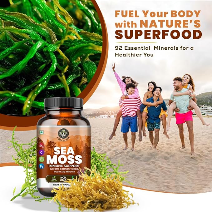 Sea Moss Capsules with Burdock Root, Bladderwrack & Muira Puama support immunity, gut health & energy. Made with raw Irish sea moss powder-120 nutrient-rich superfood capsules-60 Capsules