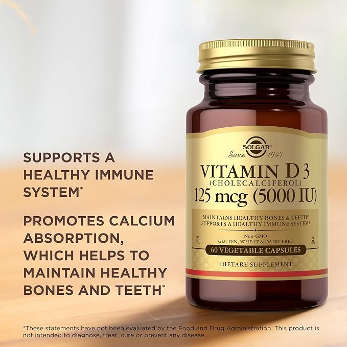 Solgar Vitamin D3 (Cholecalciferol) 125 mcg (5000 IU), 60 Vegetable Capsules - Helps Maintain Healthy Bones & Teeth - Immune System Support - Non-GMO, Gluten Free, Dairy Free - 60 Servings