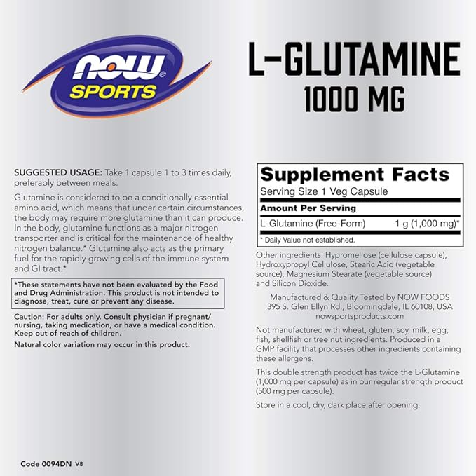 NOW Foods L-Glutamine 1,000 Milligram, 120 Capsules