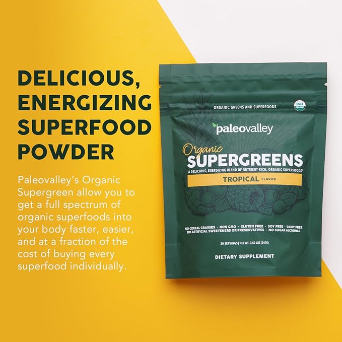 Paleovalley Organic Supergreens Powder - 23 Superfoods with Prebiotic Fiber for Energy and Immunity Support - No Cereal Grasses for Maximum Absorption - Tropical, 30 Servings